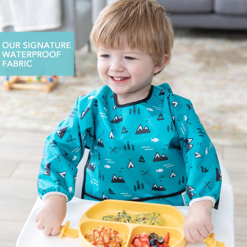 Bumkins Sleeved Bib for Girl or Boy, Baby and Toddler for 6-24 Mos, Essential Must Have for Eating, Feeding, Baby Led Weaning Supplies, Long Sleeve Mess Saving Food Catcher, Fabric, Outdoors Blue - Image 3